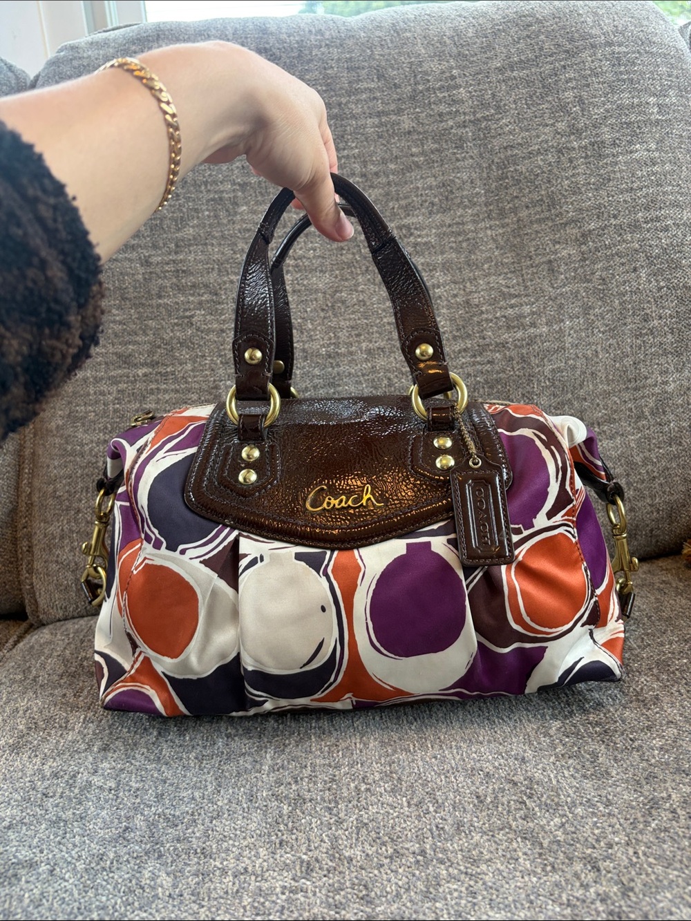 Coach Multicolor Circle-Print Satchel with Brown Leather Trim